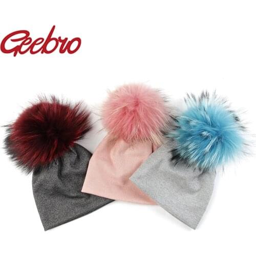 Geebro Newborn Baby Girls Boys 15cm Multi-color Real Fur Pompm Cotton Stretch Beanies hats Caps Soft Winter Baby Kids Gifts