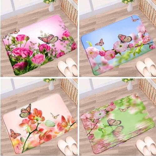 Plant Flower Bathroom Mat Orchid Pink Cherry Blossom Yellow Sunflower Butterfly Scenery Non-Slip Rug Kitchen Doorway Carpet Pads