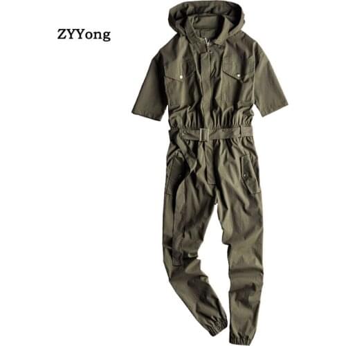 ZYYong Summer Mens Short-Sleeved Jumpsuit Streetwear Hip-Hop Slim Hooded Casual Beam Feet Mens Overalls Jogger Mens Pants