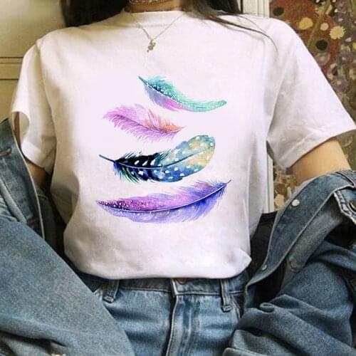 Fashion casual white T-shirt Dreamcatcher casual O-neck top shirt Womens T-shirt Feather Harajuku printed T-shirt