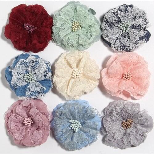 10PCS 5.5CM 2.1" Fashion Lace Hard Fabric Flowers For Headband Hair Accessories Sunflower Handmade Flower For Wedding Bouquet