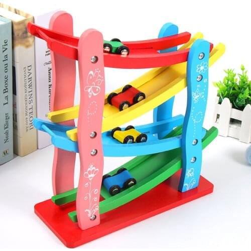 0 12 Months Baby Wooden Car Race 4 Layers Slider Ladder Slot Track Play Sets Toddler Montessori Early Learning Children Game Kit
