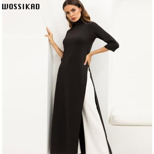 Fall Dress Women Knitted Stretch Black Dress Maxi Dresses Plus Size Slit Dress Long Large Muslim Robe Kaftan Vestidos De Festa