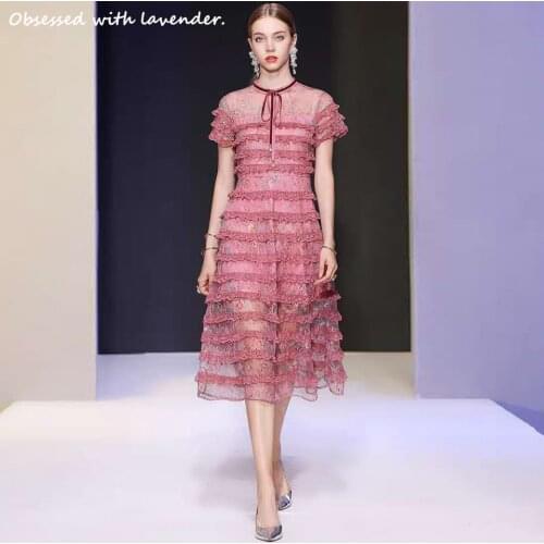 Obsessed with lavender.Spring and Autumn 2020 New Round Neck Short-sleeved Cake dass Lace Printed Dress