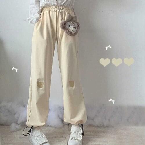 QWEEK Kawaii Jogging Bear Embroidery Gray Sweatpants Women Baggy Korean Fashion Soft Girl Yellow Sports Pants Wide Leg Trousers