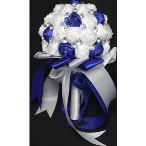 Romantic Royal Blue & White Bridal Bridesmaid Wedding Bouquet Fake Rose Silk Decoration Bouquet