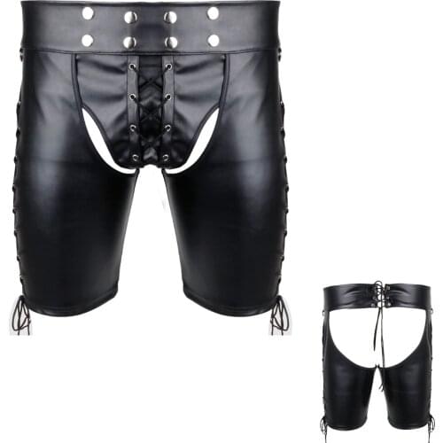 Sexy Latex Shorts Mens Sexy Erotic Crotchless Pants Men Lingerie Faux Leather Side Lace-up Bondage Open Butt Shorts Gay