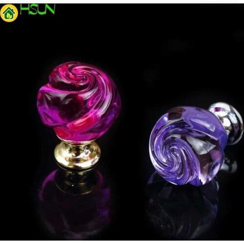Glass Rose Knobs Purple Pink Glass Crystal Watch Tv Table Bookcase Pulls Knobs Silver Gold Dresser Kitchen Cabinet Door Handles