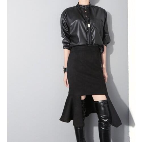 Almoda 2015 European and American PU Black Jacket Women Stylish Pocket Three Quarter Sleeve Fall Short Jacket Shirt Cardigans