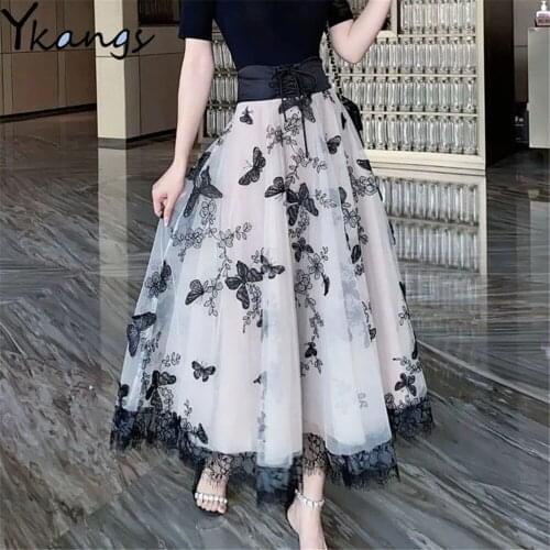 Vintage Butterfly Embroidery Wide Lace Up Waist Slimming Tulle Skirt Women High Waist Lace Splicing Mesh Pleated Skirt Korean OL