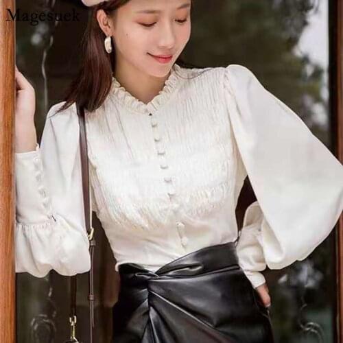 French Pleated Vintage Shirt Autumn Stand Collar Long Sleeve Blouse Women Button Ladies Fashion Ruffles Slim Tops Blusas 16124
