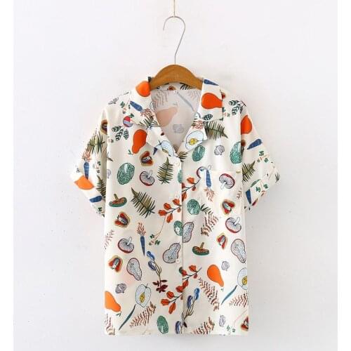 Summer Sweet Picnic Fruit and Vegetable Print Shirt Womens Notched Lapel Chiffon Blouse Button Up Chic Short Sleeve Blusas Mujer