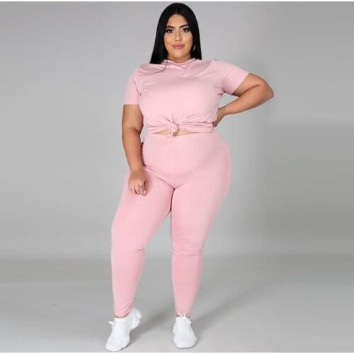 Plus Size Women Two Pieces Set Solid Short Sleeve O-neck T-shirts Biker Legging Sweatsuit Casual Sporty Female Outfit XL-5XL