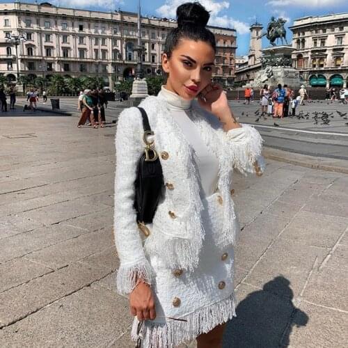 White Tweed Jacket suits Women New Autumn Winter woolen Cloth Fringed Tassel Long Sleeve Office Ladies Womens Jackets Coat 2020