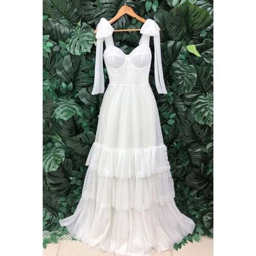 Ordifree 2021 Summer Women Long Party Dress Spaghetti Strap Cake Dresses White Polka Dot Maxi Tunic Beach Dress