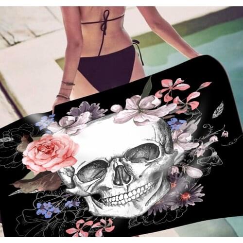 Sugar Skull Summer Bath Towel Bathroom Microfiber Gothic Floral Beach Towel Pink Rose Rectangle Black Yoga Mat 75cmx150cm