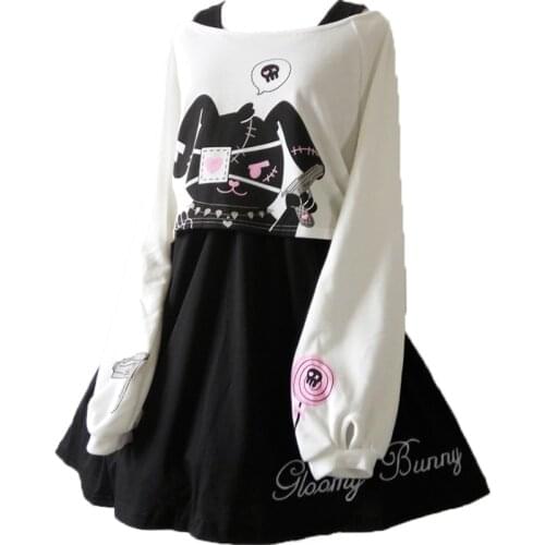 Women Harajuku Comic Rabbit Black Full sleeve Dress Japanese Lolita Gothic Bunny Print Kawaii Vestidos Cute Girl Junior Dresses