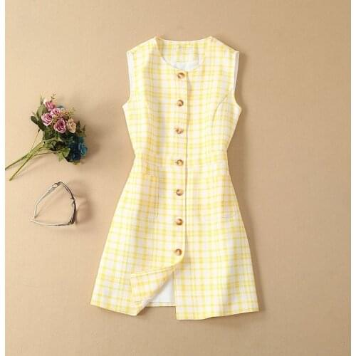 High Quality Womens Dress 2021 Summer Celebrity Inspired Ladies O-Neck Geometric Print Button Front Sleeveless Dress Vintage