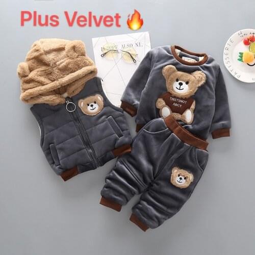 20201 Baby Boy Clothes Winter Pure Cotton Thick Warm Plus Velvet Hooded Sweater Cartoon Rabbit Fur Bear for Baby Girl Suit 3pcs