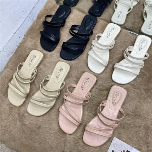 Bailamos 2021 New Women Slippers Square Toe Sandal Summer Shoes Woman Beach Slides Slipper Female Low Heel Beige Vintage Sandels