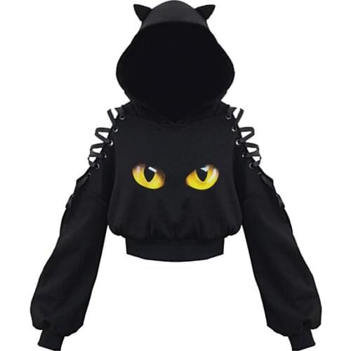 Harajuku Y2K Girl Black Hoodies Devil Cat Ear Sweatshirt Women Dress Punk Gothic Hoodie Girls Hollow Out Lace Up Long Sleeve Top