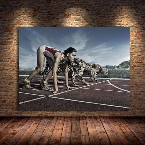 Girl Athlete Race With Cheetah Wall Painting Oil Canvas Posters And Prints Animal Running Picture For Living Room Decor Unframed