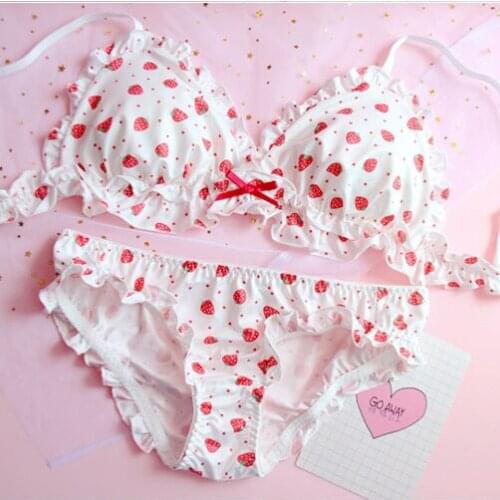 Strawberry / Print Japanese Milk Silk Bra & Panties Set Wirefree Soft Underwear Intimates Set Kawaii Lolita Bra and Panty Set