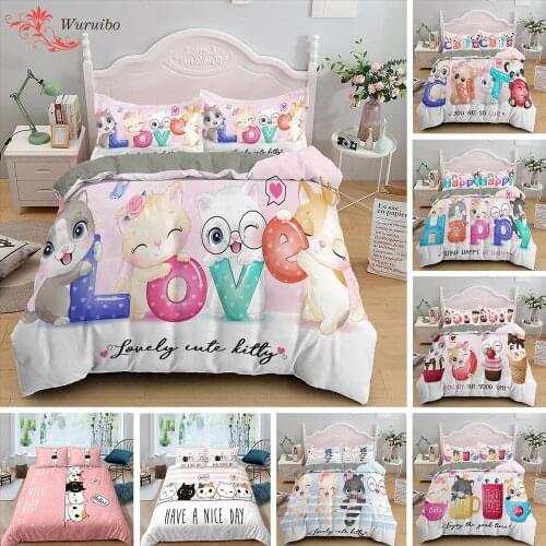 Cartoon Kitten Printed Bedding Set Cute Pet Cats Duvet Cover Set For Girl Twin Full King Double Sizes Pillowcase Home Bedclothes