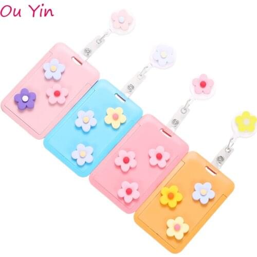 Korean creative flower retractable card holder personalized cartoon animal bus subway student ID card holder