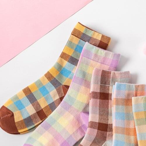 Brown Crew Street Fashion Block Socks Gradient Gradual Change Mosaic Lattice Checked Medium Tube Mesh Red Women Autumn Art Ins