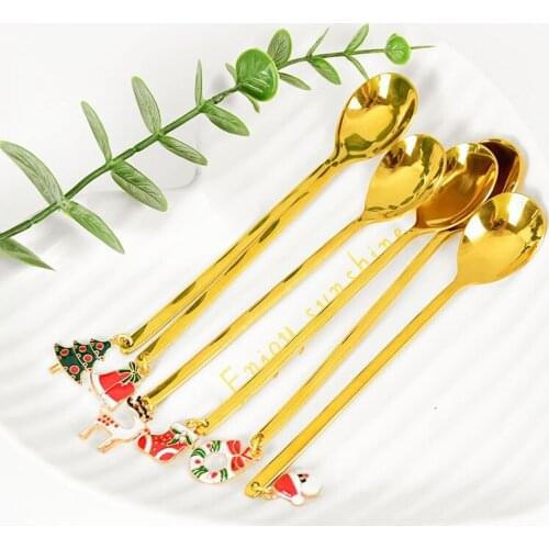 New Year 2022 Metal Merry Christmas Spoons Xmas Party Coffee Spoon with Christmas pendant Christmas Home Decorations Noel Gift