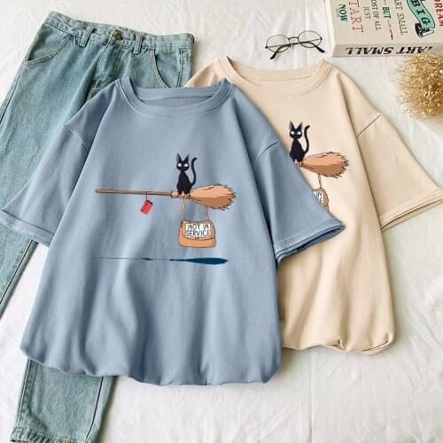 Cute Cat Not In Service Comics Printing Women Soft Cartoons Soft Tshirt Fashion Crewneck Tshirts Vintage Loose T Shirts Couple
