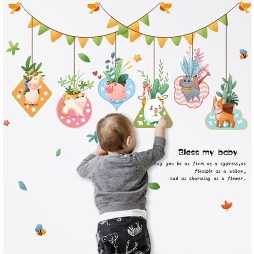 Cartoon Removable Wall Decals Cute Animal Potted Plants Banner Wall Stickers for Kids Room Bedroom Nursery Home Decoration
