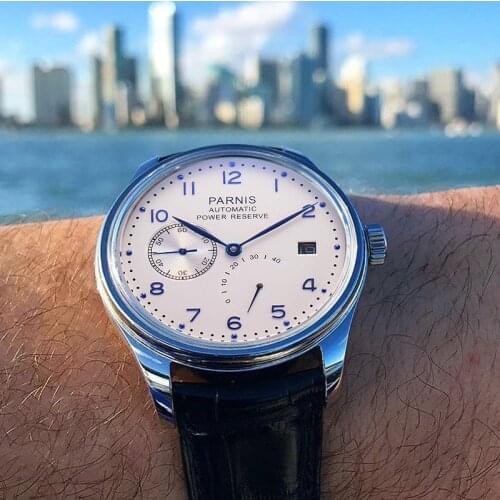 Parnis 43mm White Dial Mechanical Watches Men Power Reserve Calendar Waterproof Automatic Watch Leather Strap Relogio Masculino