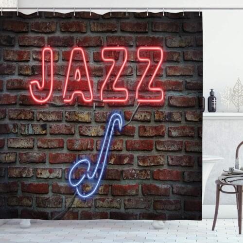 Music Shower Curtain Image of Alluring Neon All Jazz Sign with Saxophone Instrument on Brick Wall Print Bathroom Decor Set
