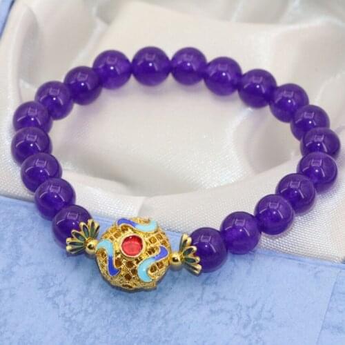 Original design 8mm round beads purple natural stone chalcedony jades bracelet women gold-color cloisonne jewelry 7.5inch B2687