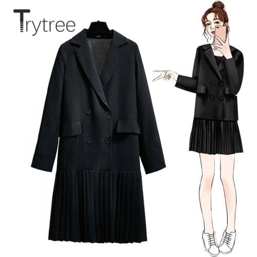 Trytree 2020 Autumn Winter Women Casual Women Coat Turn-down Collar Double Breasted Pockets Slim Office Lady Black Dress Coat