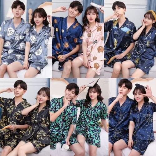 2021 Pajamas for Ladies and Men Cartoon Summer Couple Reimitates Silk Homewear Two Sets