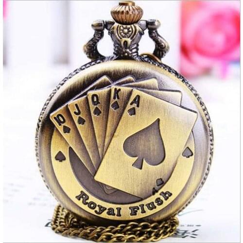 Antique Bronze Royal Flush Poker Cards Pocket Watch Necklace Chain Gift PMK80