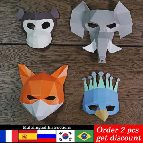Pre-cut Bird Elephant Fox Monkey Animal Face Mask Paper Model,3D Papercraft,Party Cosplay Prop,Handmade DIY Craft Toy RTY120