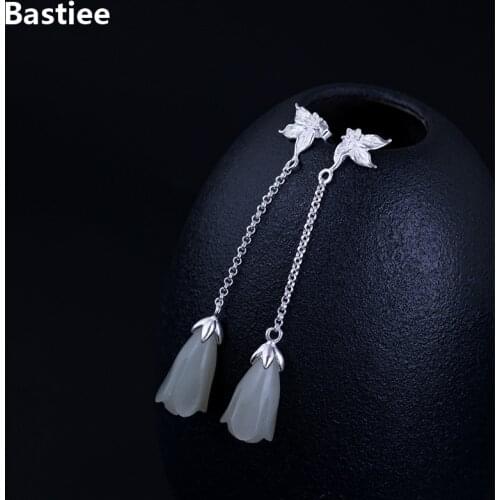 Bastiee Jade Drop Earrings 925 Sterling Silver Jewelry For Women Elegant Magnolia Flower Earings Handmade Luxury Gifts