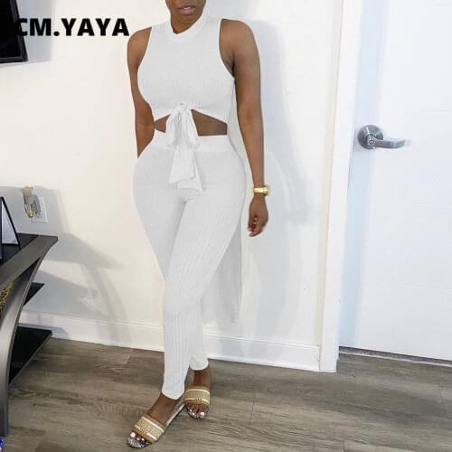 CM.YAYA Streetwear Knit Women Two 2 Piece Set Outfit Fashion High Low Tank Tops and Legging Matching Set Jogger Tracksuit 5color