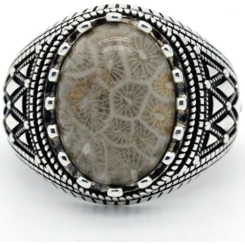 Turkish Jewelry 925 Sterling Silver Ring for Men Coral Stone Vintage Punk Finger Ring for Male Husband Fine Jewelry Gift
