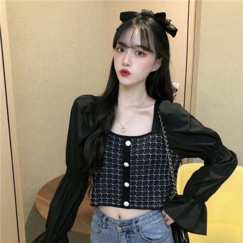 Cropped Bare Midriff New Fashion Girl Spring Summer Knitted Pullovers Slim Sweater Women Clothing Crop Tops Button