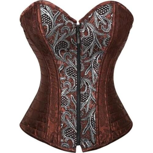 Vintage Women Corset Steampunk Overbust Bustiers Body Shapewear Leather Bodice Plus Size Zip Sexy Corselet Retro Brown Top