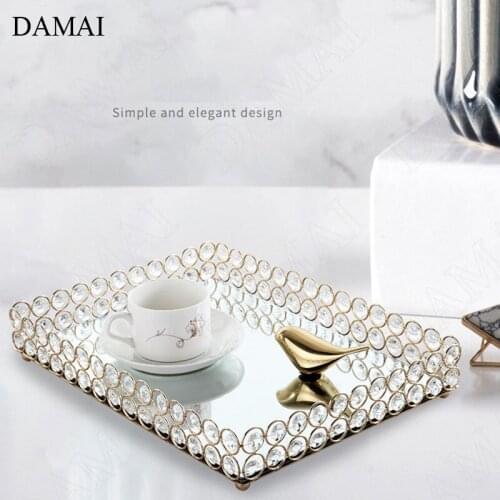 Creativity Gold Inlay Mirror Tray Nordic Modern Gilded Inlaid Crystal Tea Cup Wine Set Storage Tray Home Living Room Decoration