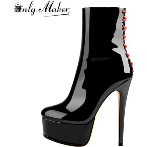 Onlymaker Womens Platform Patent Leather High Heel Ankle Booties Round Toe Stiletto Fashion Boots Plus Large Size US5~15