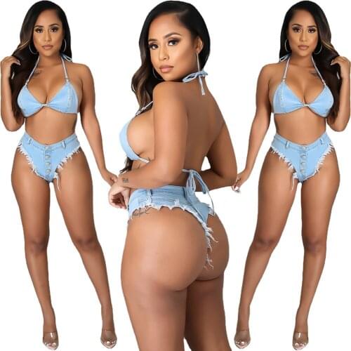 Tassel Jeans Bikini Sets Sexy Women Two Pieces Elegant Summer Denim Beach Outfits Top+Shorts