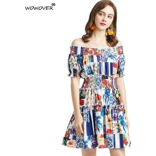 Summer Fashion Designer Short Sleeve Slash Neck Print Runway Dress Women Clothing 2021 Elastic Waist Mini Holiday Beach Vestidos