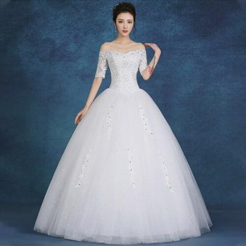 White Boat Neck Embroidery Wedding Dress Half Sleeves Tulle Floor-Length Fashion Lace Up Plus Size Wedding Gowns For Women G154